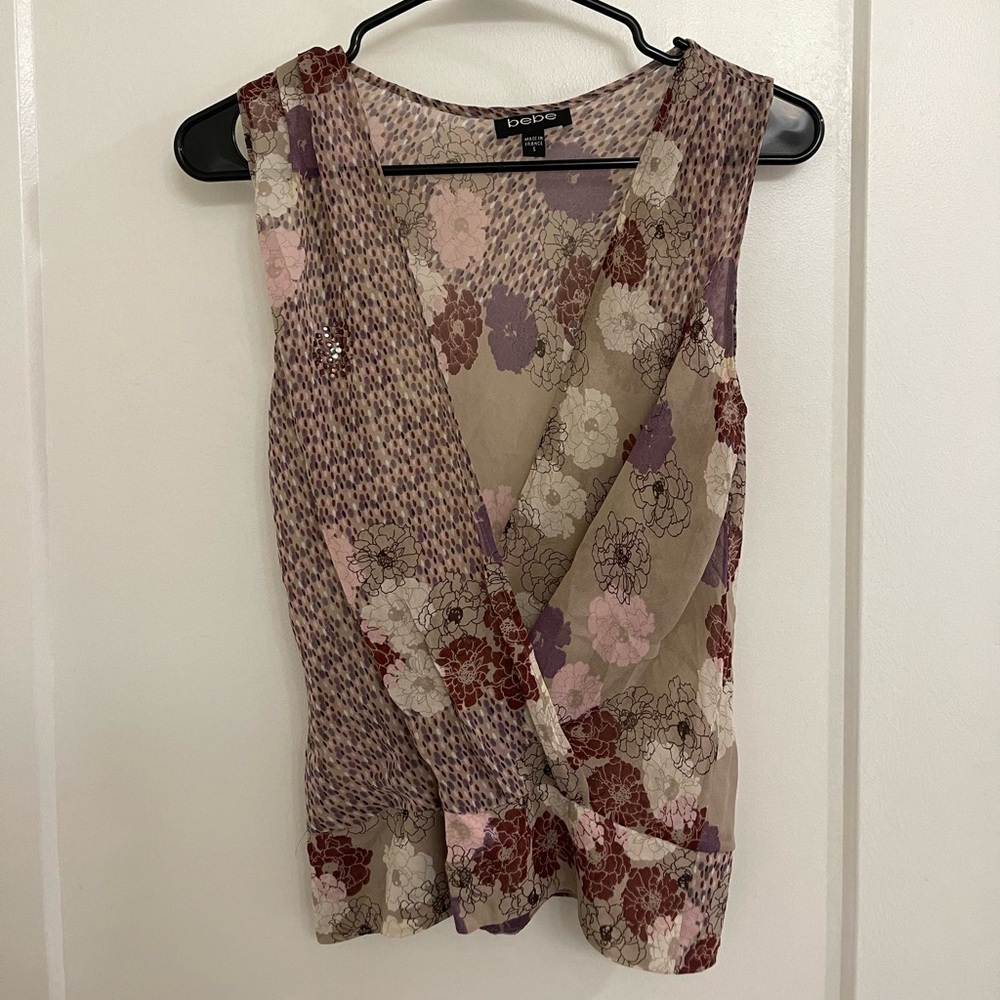 Vintage Silk Bebe Bedazzled Y2K  Wrap-Style Sleeveless Blouse in Taupe, Pink